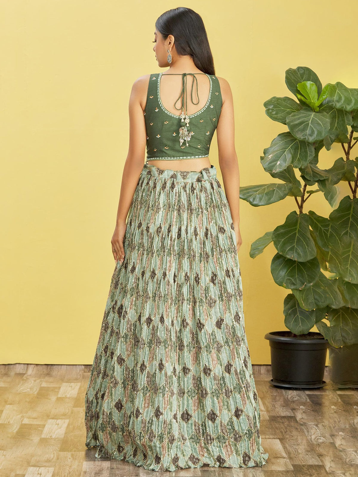 Olive Green Sequins Embroidered Lehenga Choli with Net Dupatta for party wear