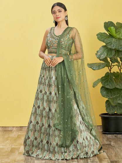 Olive Green Sequins Embroidered Lehenga Choli with Net Dupatta for party wear