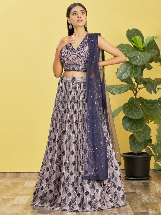 Navy Blue Embroidered Lehenga Choli Set with Net Dupatta