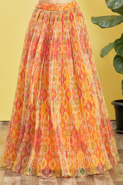 Vibrant Orange Mirror Work Lehenga Set with Printed Dupatta