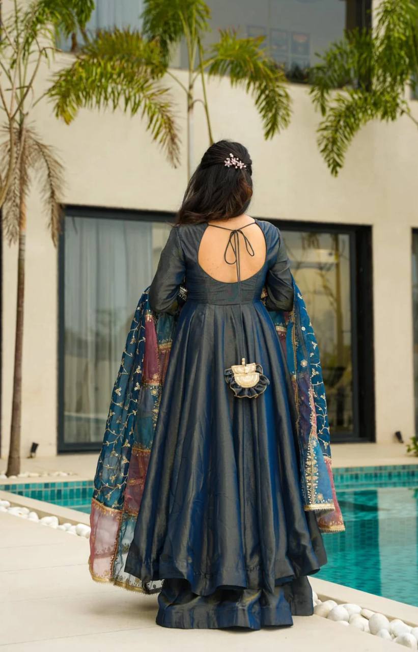 Festive Indian Navy Blue Anarkali Gown with Multicolor Dupatta