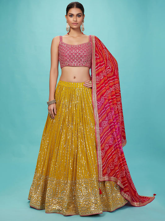 Yellow Sequins Georgette Haldi Wear Lehenga Choli With Dupatta