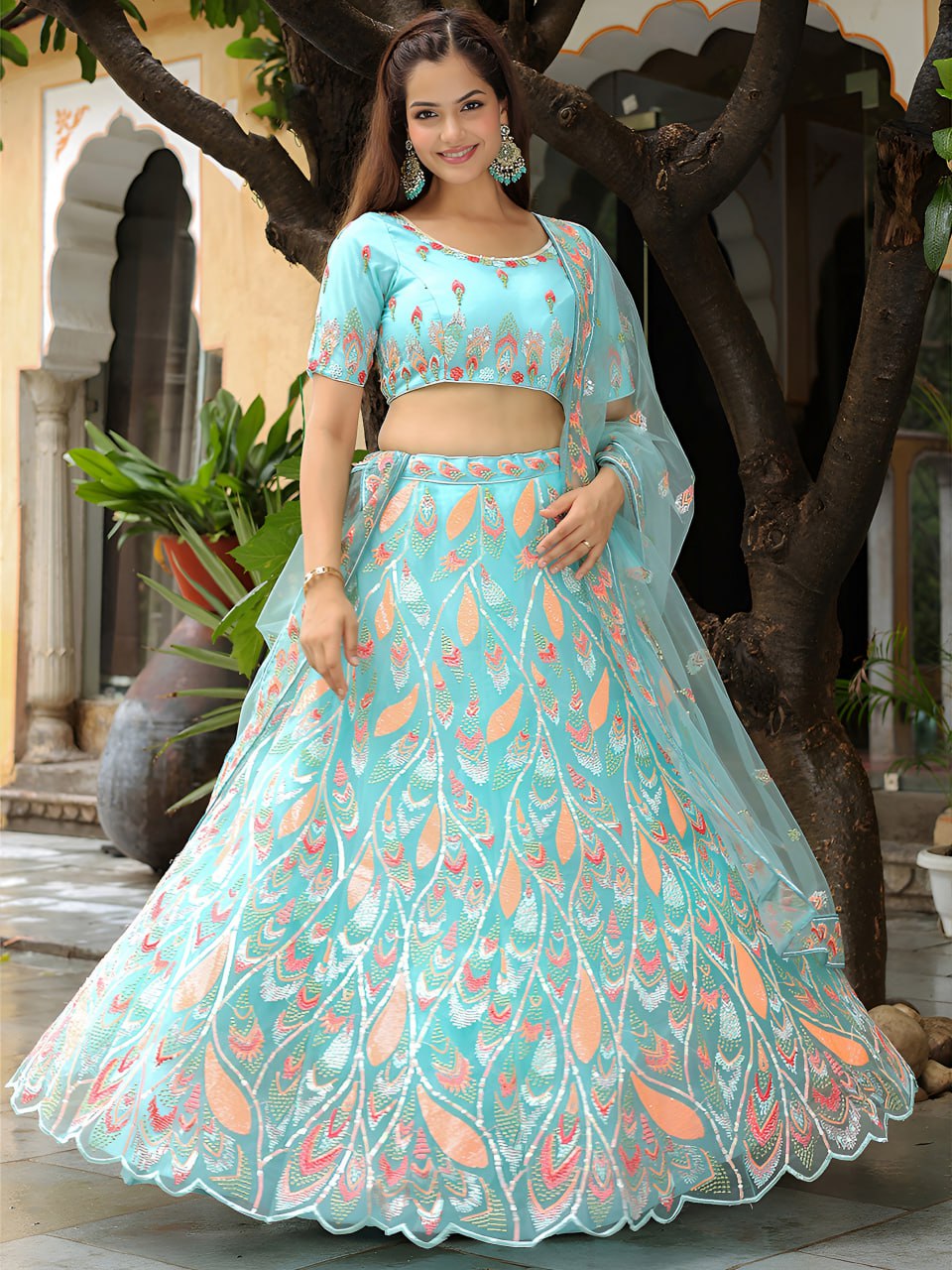 Designer Aqua Blue Embroidered Lehenga Choli with Dupatta