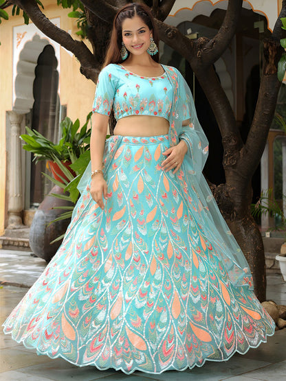 Designer Aqua Blue Embroidered Lehenga Choli with Dupatta
