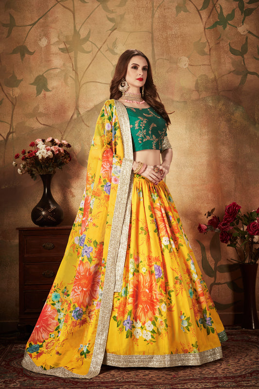 Bright Yellow Floral Lehenga with Green Embroidered Blouse