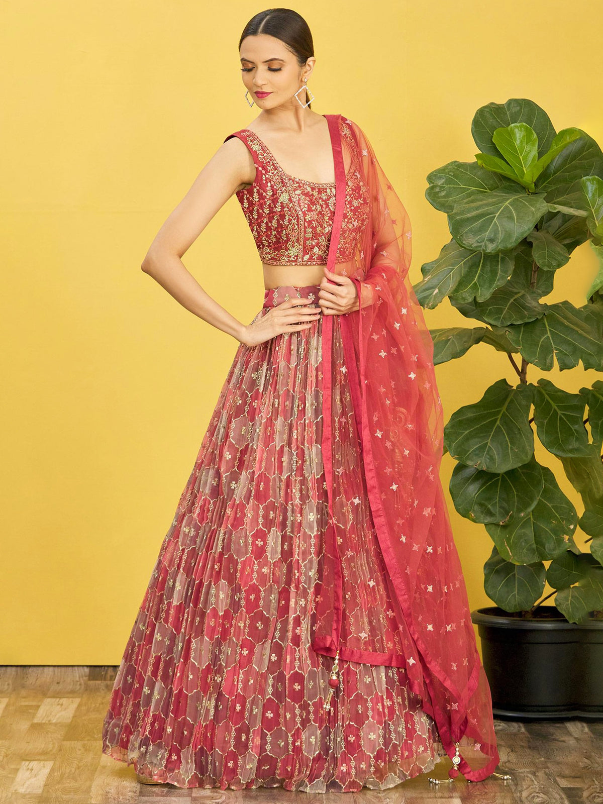 Red Embroidered Lehenga Choli Set with Net Dupatta