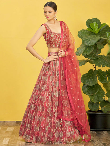 Red Embroidered Lehenga Choli Set with Net Dupatta