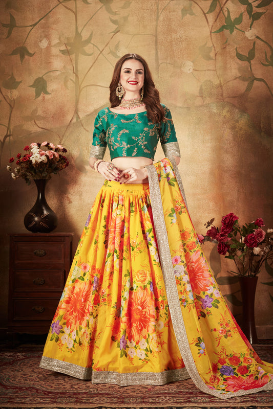 Bright Yellow Floral Lehenga with Green Embroidered Blouse