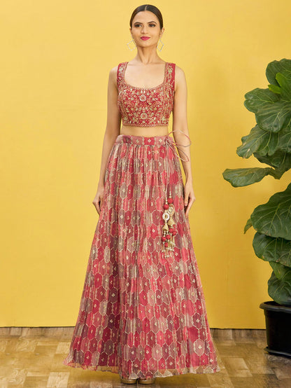 Red Embroidered Lehenga Choli Set with Net Dupatta