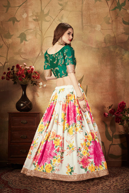 White Floral Lehenga with Pink Flowers & Green Embroidered Blouse