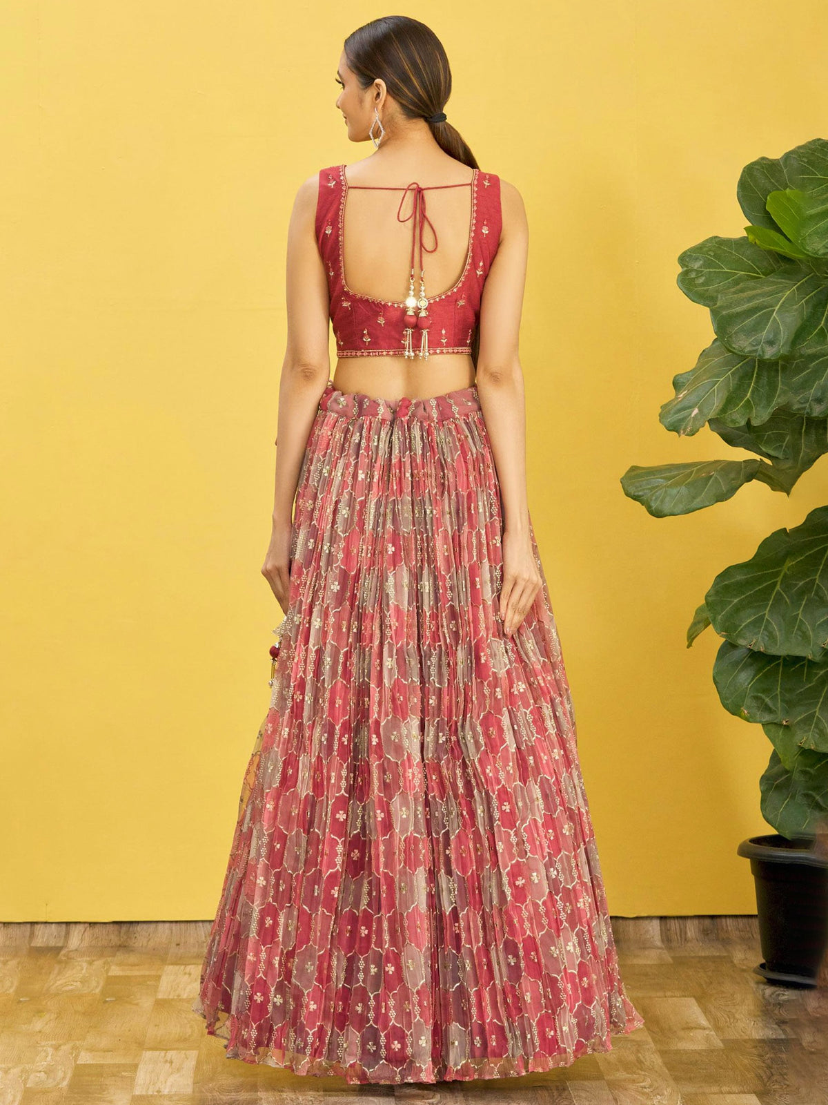 Red Embroidered Lehenga Choli Set with Net Dupatta