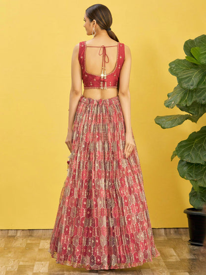 Red Embroidered Lehenga Choli Set with Net Dupatta
