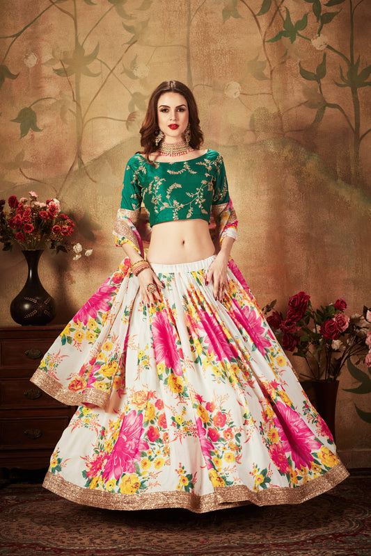 White Floral Lehenga with Pink Flowers & Green Embroidered Blouse
