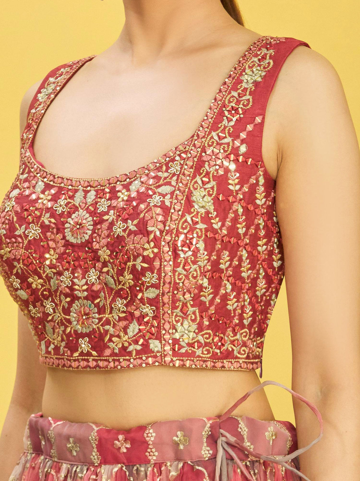Red Embroidered Lehenga Choli Set with Net Dupatta