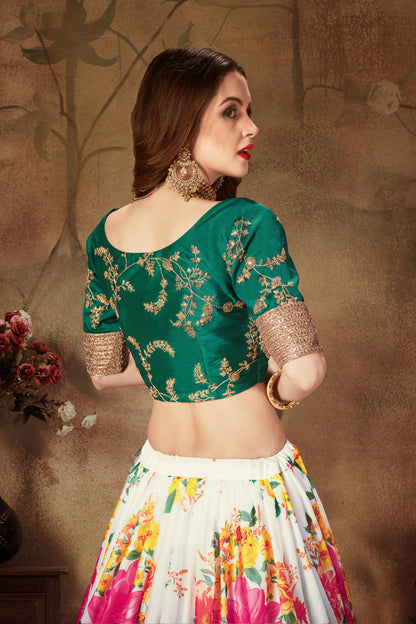 White Floral Lehenga with Pink Flowers & Green Embroidered Blouse