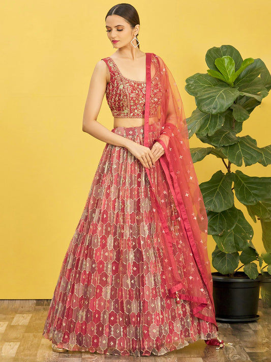 Red Embroidered Lehenga Choli Set with Net Dupatta