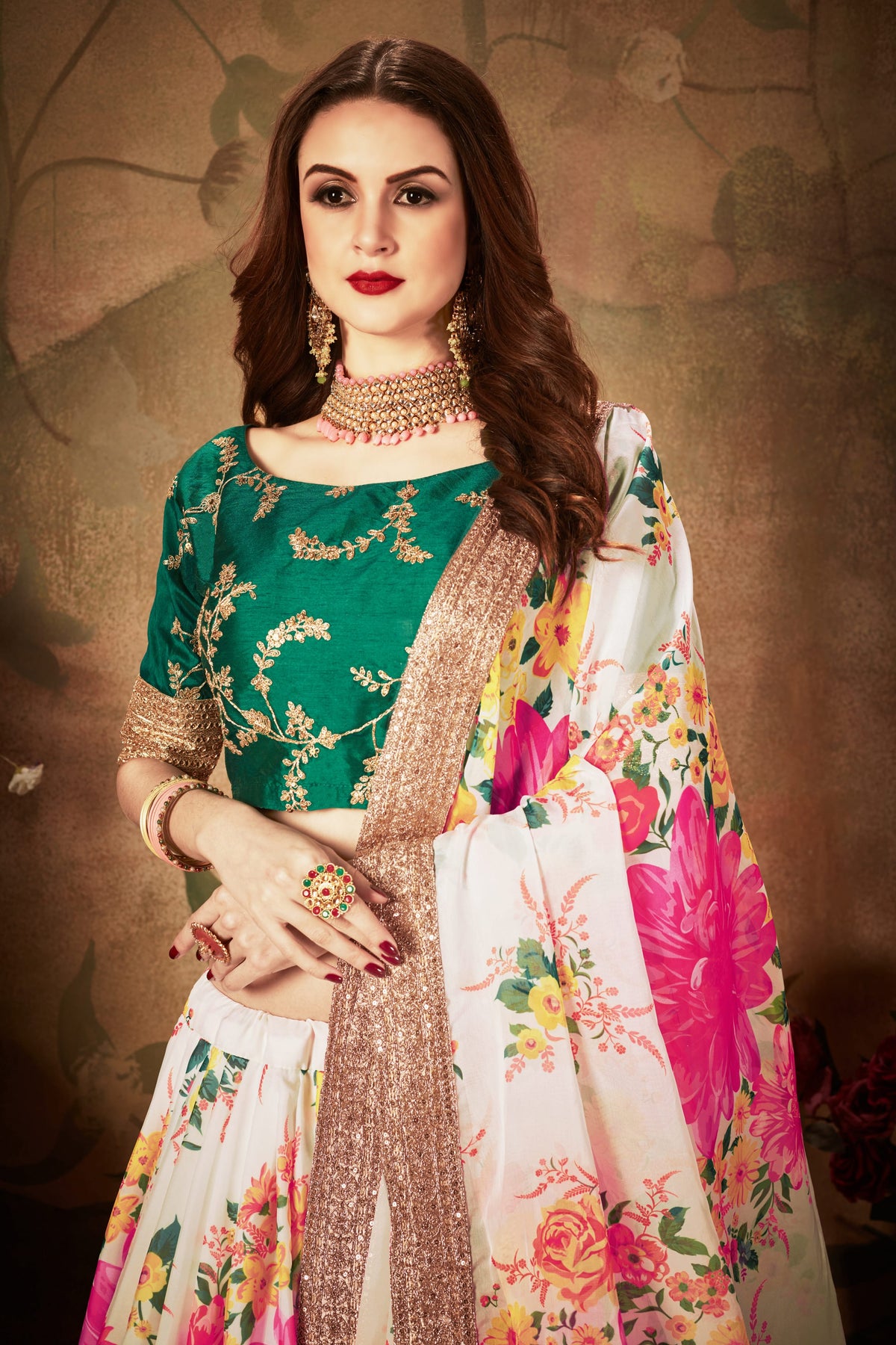 White Floral Lehenga with Pink Flowers & Green Embroidered Blouse