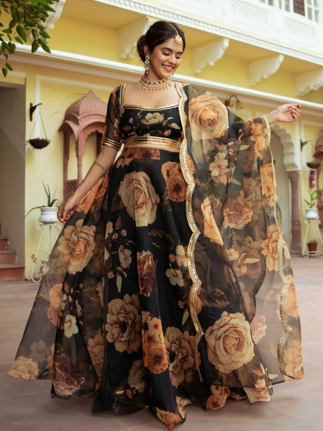 Black Floral Printed Lehenga with Sheer Dupatta