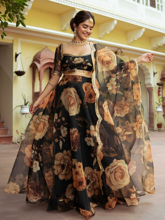 Black Floral Printed Lehenga with Sheer Dupatta
