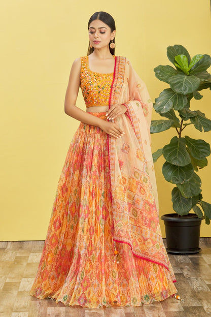 Vibrant Orange Mirror Work Lehenga Set with Printed Dupatta