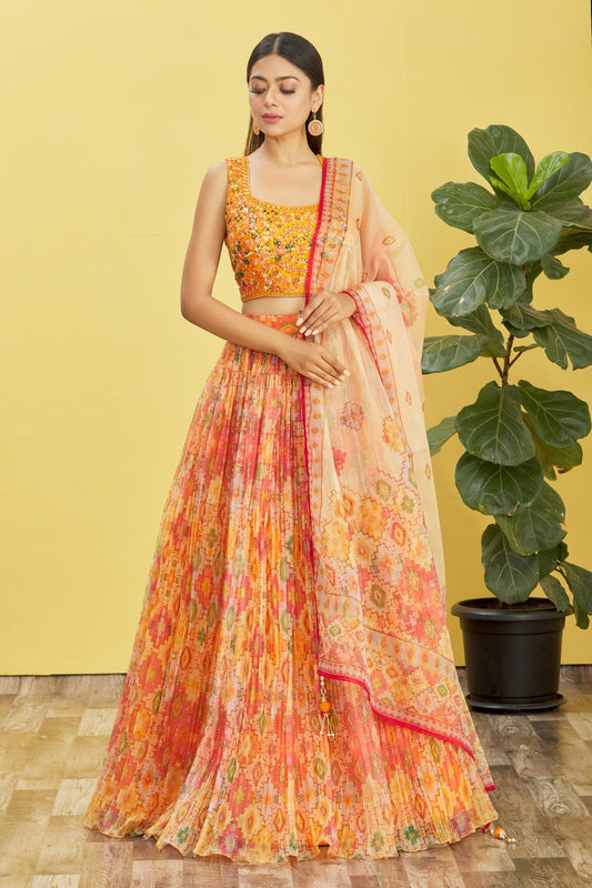 Vibrant Orange Mirror Work Lehenga Set with Printed Dupatta
