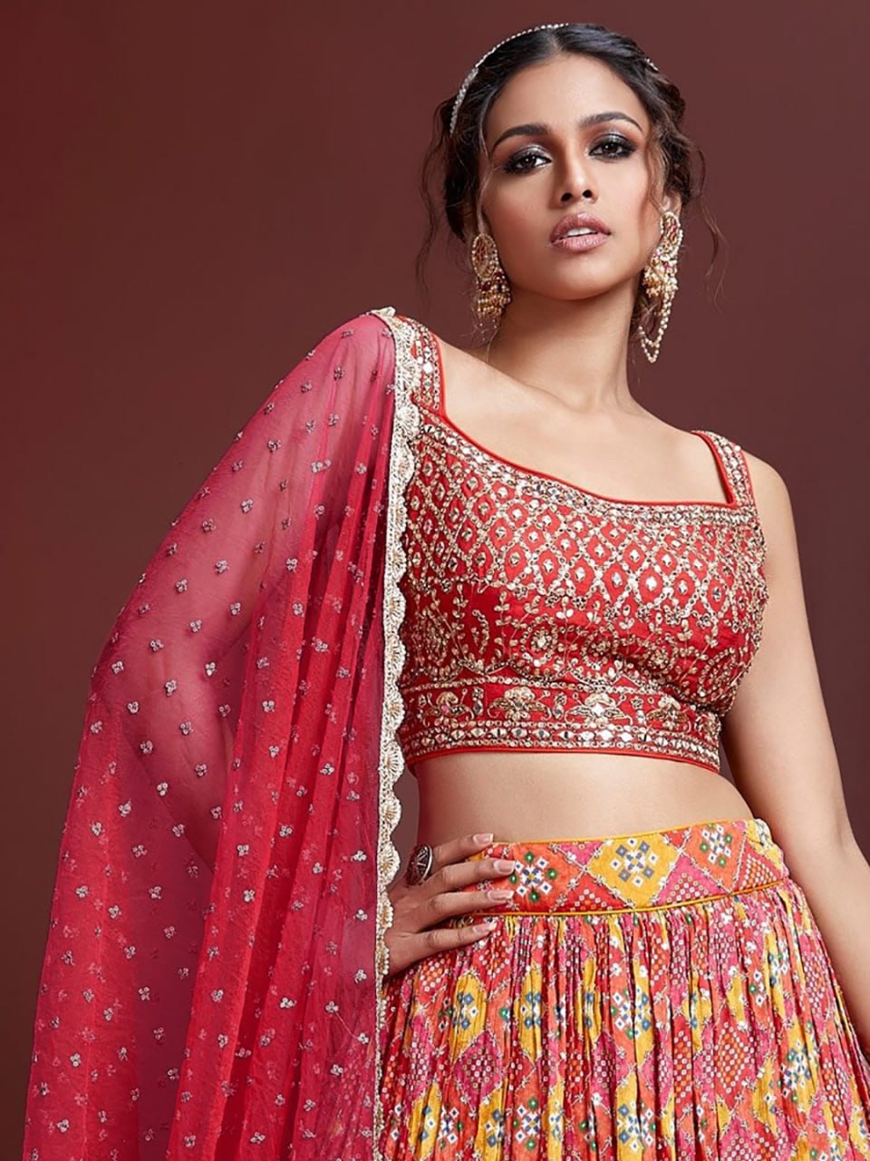 Red Bandhani Printed Lehenga with Heavy Embroidered Blouse & Dupatta
