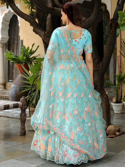 Designer Aqua Blue Embroidered Lehenga Choli with Dupatta