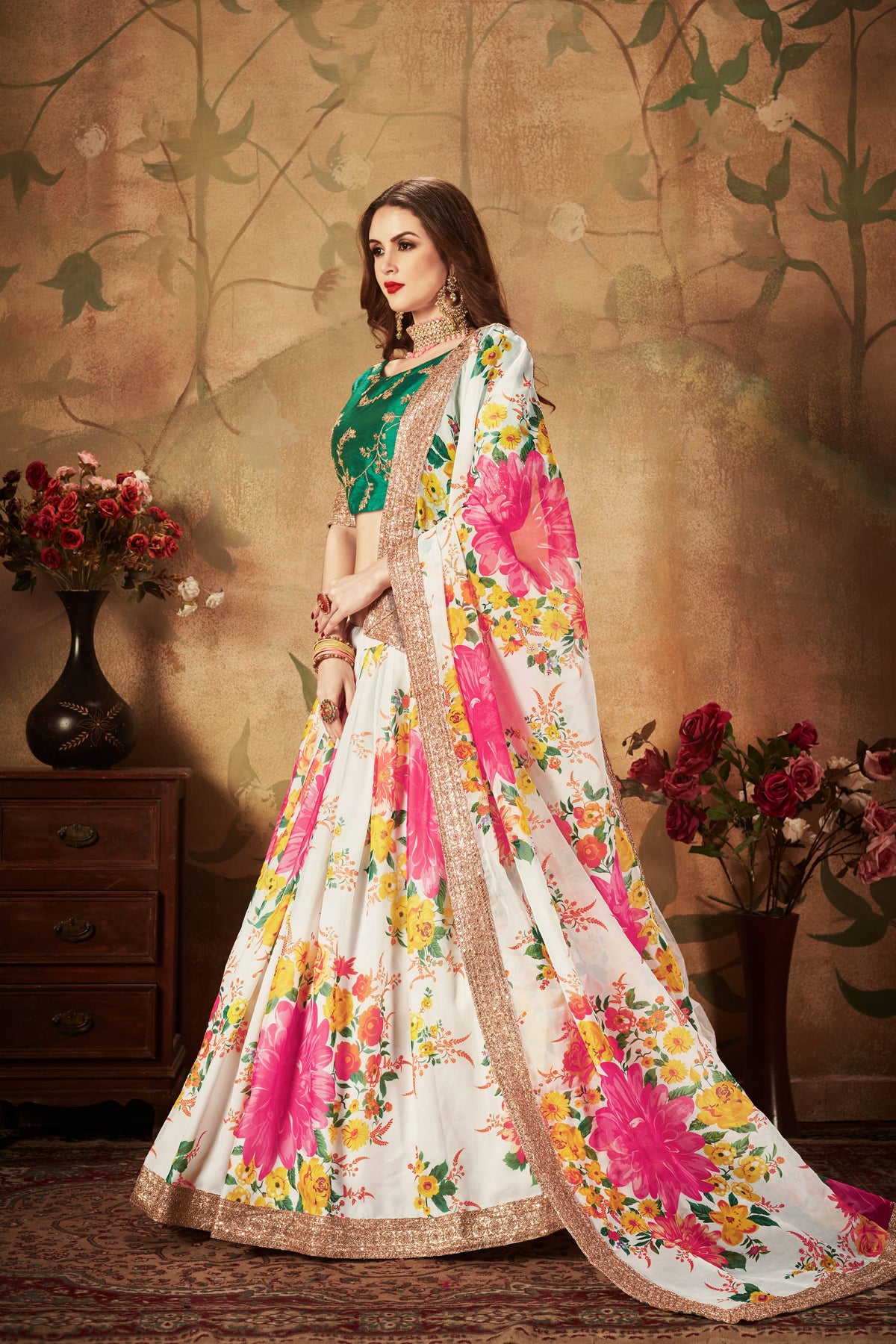 White Floral Lehenga with Pink Flowers & Green Embroidered Blouse