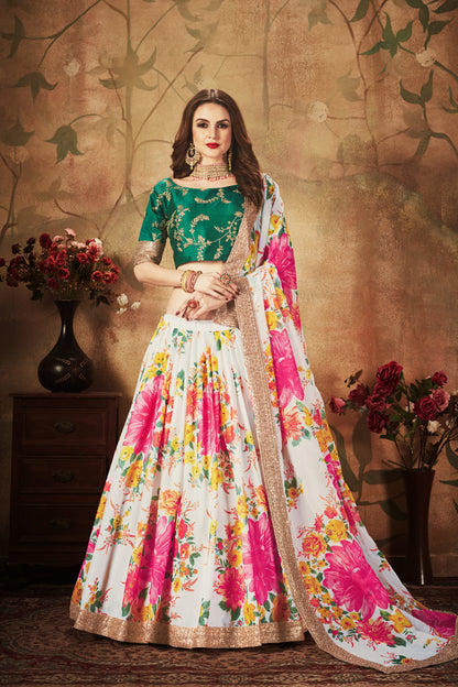 White Floral Lehenga with Pink Flowers & Green Embroidered Blouse