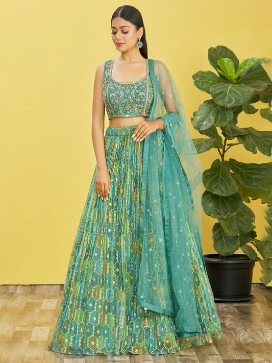 Green Embroidered Lehenga Choli with Net Dupatta