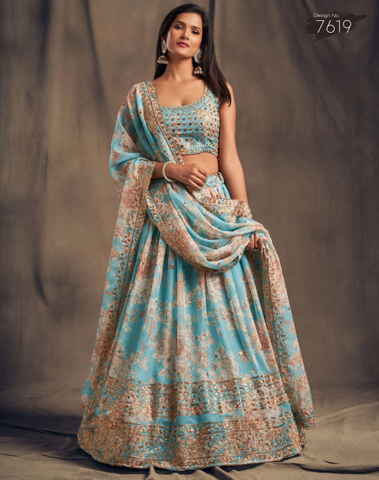Pastel Blue Floral Lehenga with Sequin Embroidery