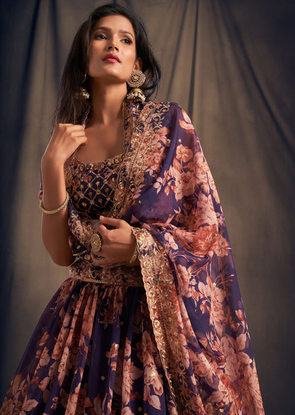 Navy Purple Floral Lehenga with Gold Sequin Embroidery