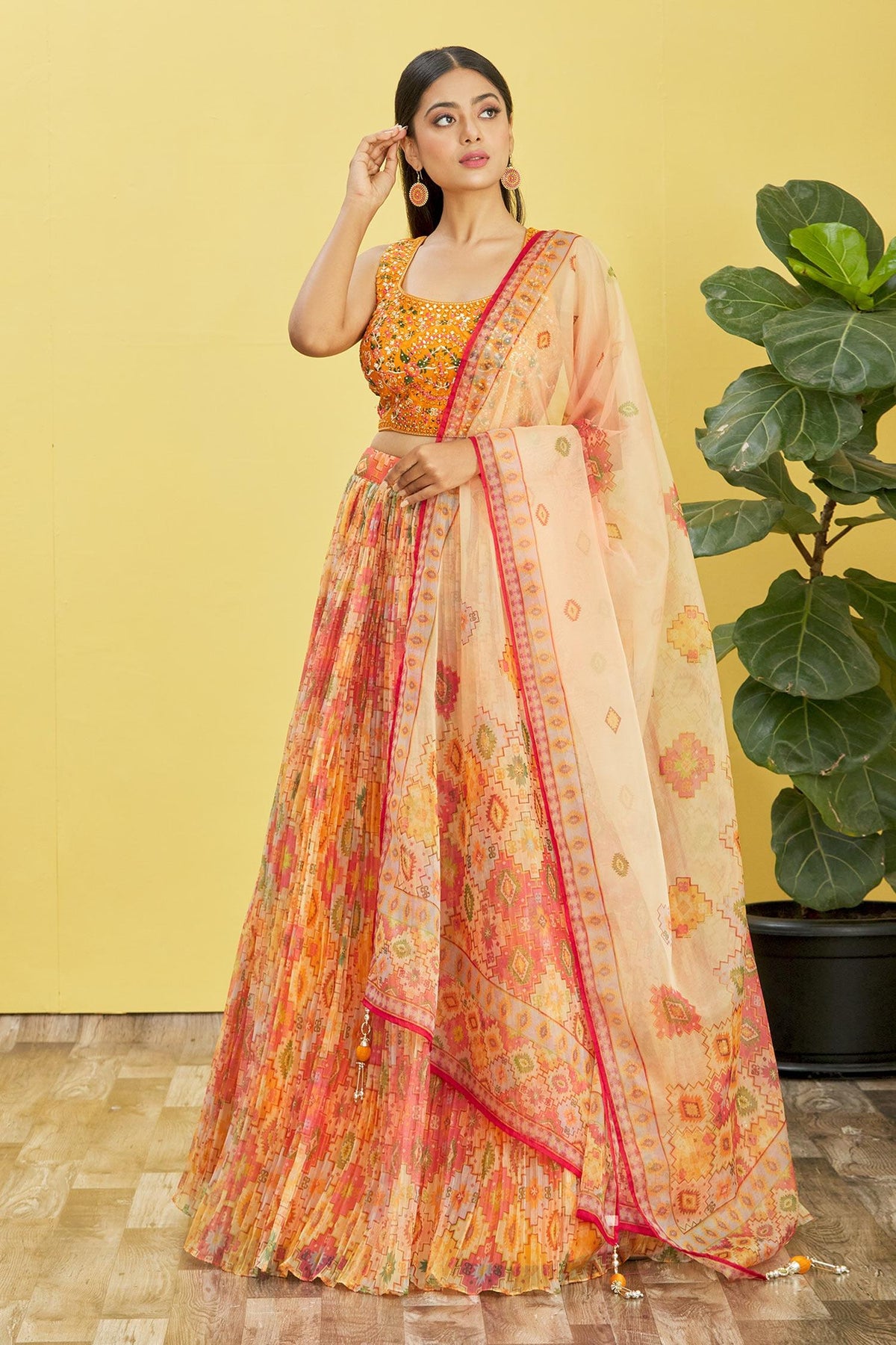 Vibrant Orange Mirror Work Lehenga Set with Printed Dupatta