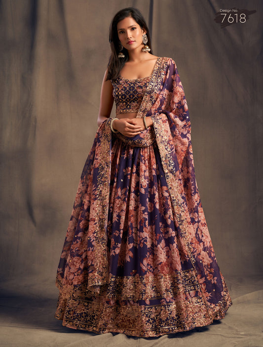 Navy Purple Floral Lehenga with Gold Sequin Embroidery