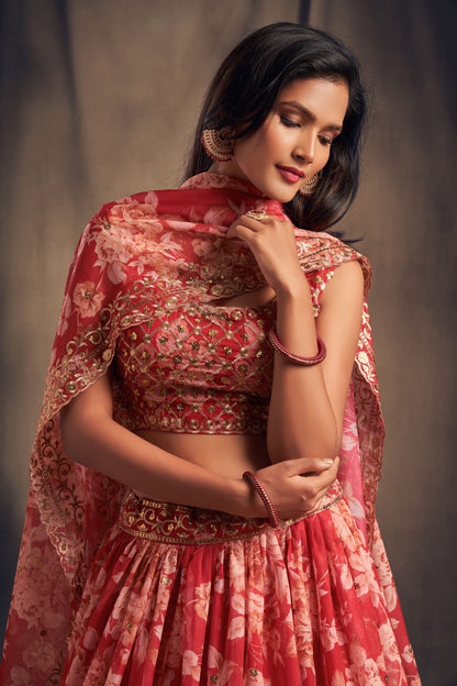 Red Floral Lehenga Choli with Zari & Sequin Work