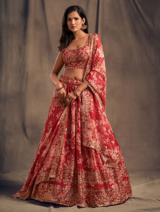 Red Floral Lehenga Choli with Zari & Sequin Work