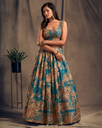 Teal Blue Floral Lehenga Choli with Golden Zari & Sequin Embroidery