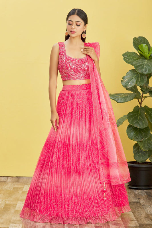 Hot Pink Mirror Work Lehenga Set with Printed Dupatta