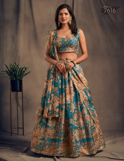 Teal Blue Floral Lehenga Choli with Golden Zari & Sequin Embroidery