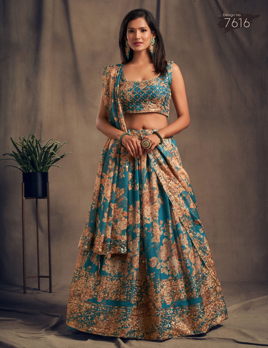 Teal Blue Floral Lehenga Choli with Golden Zari & Sequin Embroidery