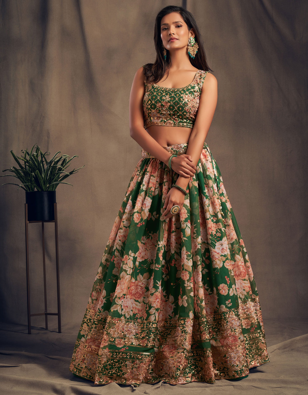 Emerald Green Floral Lehenga Choli with Zari & Sequin Embroidery