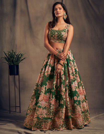 Emerald Green Floral Lehenga Choli with Zari & Sequin Embroidery