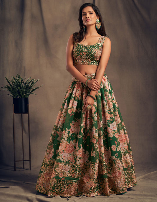 Emerald Green Floral Lehenga Choli with Zari & Sequin Embroidery