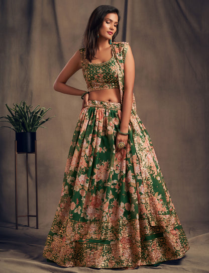 Emerald Green Floral Lehenga Choli with Zari & Sequin Embroidery