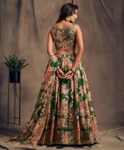 Emerald Green Floral Lehenga Choli with Zari & Sequin Embroidery