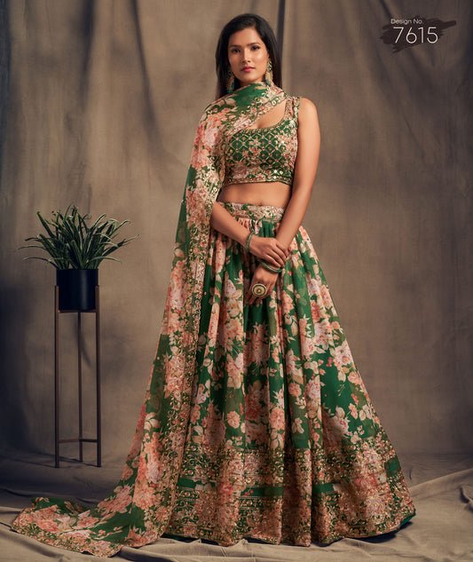 Emerald Green Floral Lehenga Choli with Zari & Sequin Embroidery