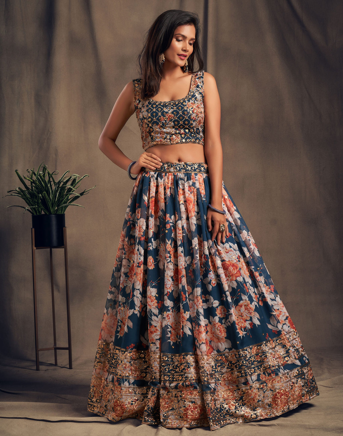 Navy Blue Floral Lehenga Choli with Heavy Zari Embroidery