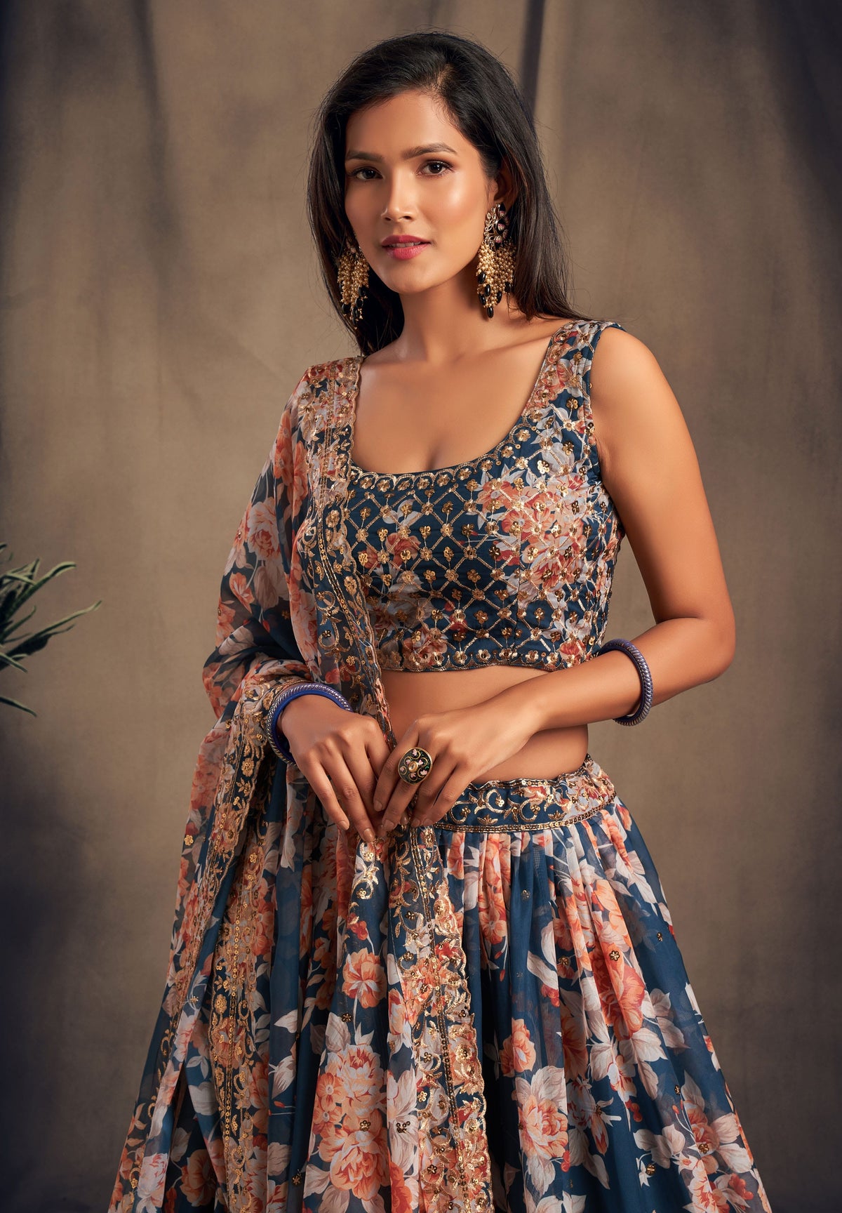 Navy Blue Floral Lehenga Choli with Heavy Zari Embroidery