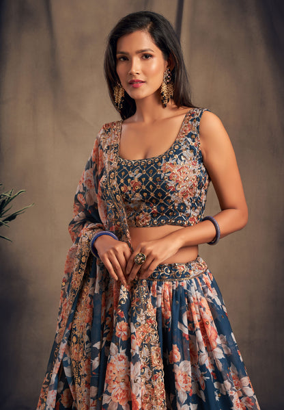 Navy Blue Floral Lehenga Choli with Heavy Zari Embroidery