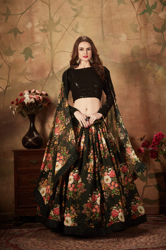 Black Floral Lehenga Choli with Sequin Blouse and Dupatta
